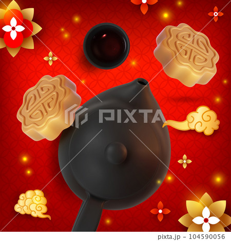 3d Happy Mid Autumn Festival Concept Background Cartoon Style with Falling Mooncake, Teapot and Cup. Vector illustration 104590056