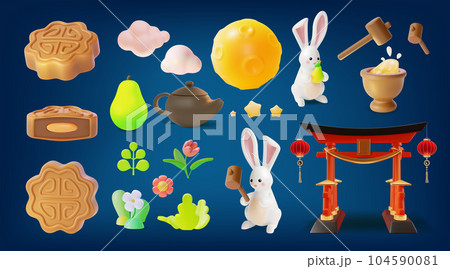 3d Happy Mid Autumn Festival Concept Cartoon Style Include of Moon, Rabbit, Mooncake and Gate. Vector illustration 3d Happy Mid Autumn Festival Concept Cartoon Style Include of Moon, Rabbit, Mooncake and Gate. Vector illustration 104590081