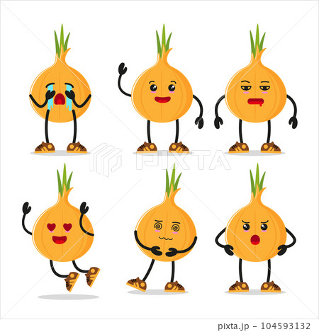 Cute onion character different pose activity expression vector illustration set Cute onion character different pose activity expression vector illustration set 104593132