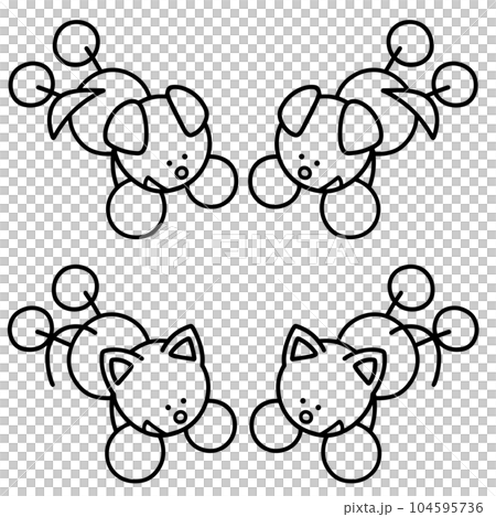 寝そべるわんまるとにゃんまるの線画セット　犬　猫 104595736
