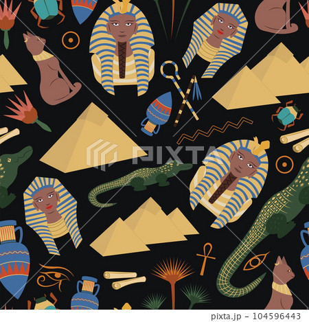 Ancient Egyptian themed vector seamless pattern with kings and queens, pyramids, cats, hieroglyphs etc Ancient Egyptian themed vector seamless pattern with kings and queens, pyramids, cats, hieroglyphs etc 104596443