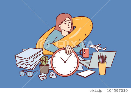 Sad woman freelancer dreams about travel and sits in office with inflatable swim ring around neck Sad woman freelancer dreams about travel and sits in office with inflatable swim ring around neck 104597030