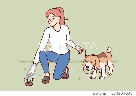 Woman walks dog with poop bag and picks up feces from ground, taking care of purity of nature Woman walks dog with poop bag and picks up feces from ground, taking care of purity of nature 104597036