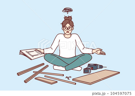 Embarrassed woman tries to assemble furniture by herself and gets frustrated after read instructions 104597075
