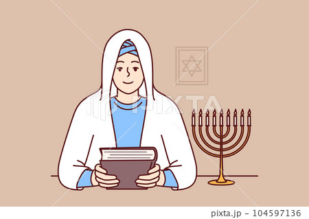 Jewish woman rabbi in white veil, holds torah in hands and sits near image of star of david Jewish woman rabbi in white veil, holds torah in hands and sits near image of star of david 104597136