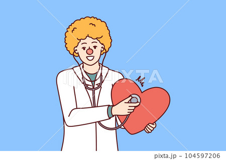 Doctor with clown haircut holds stethoscope and heart to congratulate children on red nose day 104597206