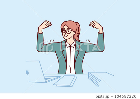 Businesswoman showing biceps on hands sitting at office table with laptop and demonstrating ambition Businesswoman showing biceps on hands sitting at office table with laptop and demonstrating ambition 104597220