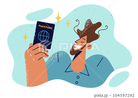 Man demonstrates passport of resident of state, rejoicing in successful immigration Man demonstrates passport of resident of state, rejoicing in successful immigration 104597292
