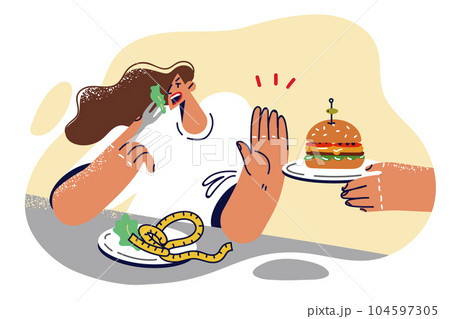 Woman refuses hamburger and eats healthy food, wanting to get rid of excess weight 104597305
