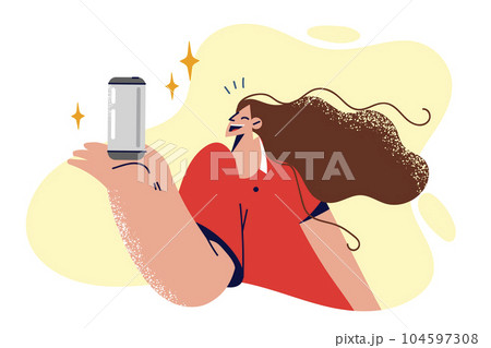 Woman with can of soda smiles, rejoicing at opportunity to quench thirst with cold tasty drink Woman with can of soda smiles, rejoicing at opportunity to quench thirst with cold tasty drink 104597308