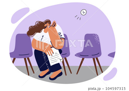 Bored woman with resume sits in corridor waiting for interview with HR manager in recruiting company Bored woman with resume sits in corridor waiting for interview with HR manager in recruiting company 104597315