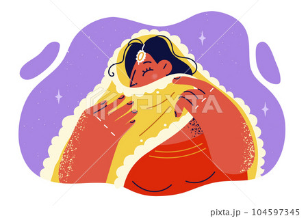 Indian woman in traditional national dress for wedding or dance hides face behind veil 104597345