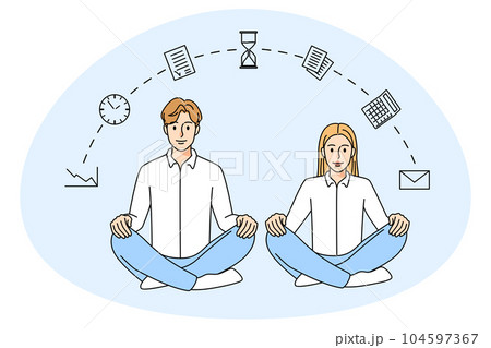 Businesspeople in lotus position at workplace Businesspeople in lotus position at workplace 104597367