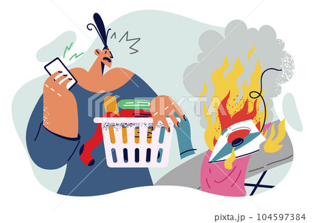 Woman housewife was distracted and allowed fire while ironing clothes because of phone conversation Woman housewife was distracted and allowed fire while ironing clothes because of phone conversation 104597384