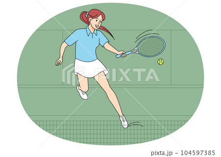 Happy woman playing tennis on court Happy woman playing tennis on court 104597385