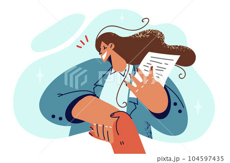 Woman shakes hands with business partner and smiles holding business contract in hands 104597435