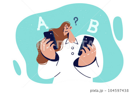 Woman with two mobile phones chooses gadget to buy and doubtfully examines different models 104597438