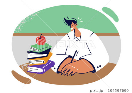 Guy student sits at school table with books and holds pen, recording lecture and getting education 104597690