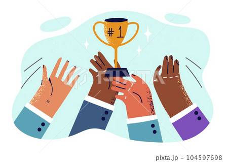 Hands employees people with golden cup for concept business rivalry and aspiration to become leader 104597698