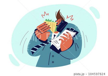 Busy business man eating and talking on phone at same time, working in multitasking mode 104597824