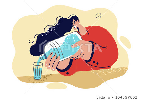 Woman pours water into glass, recommending to drink plenty of fluids to support health 104597862