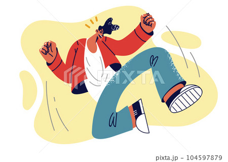 Overjoyed man jumps up feeling euphoric after impressive achievement and success in school or work Overjoyed man jumps up feeling euphoric after impressive achievement and success in school or work 104597879