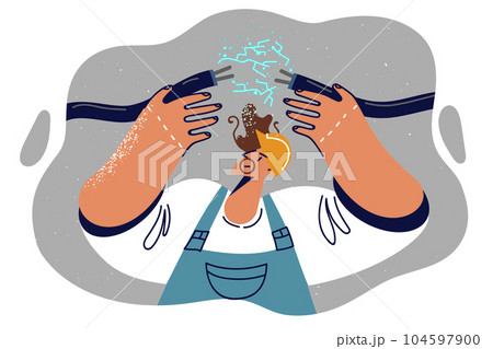 Electrite man holds broken wire restoring power supply interrupted due to accident. 104597900