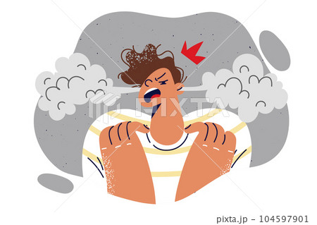 Angry boy with steam coming out of ears trying to draw attention to teenage psychological problems 104597901