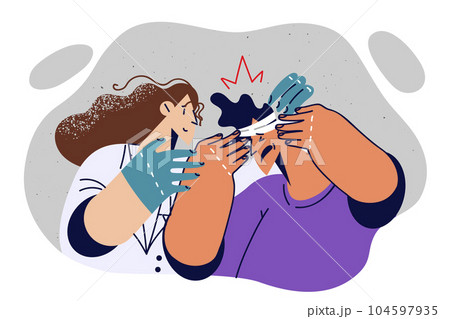 Doctor does head bandage for man patient injured in accident and in need of medical attention 104597935