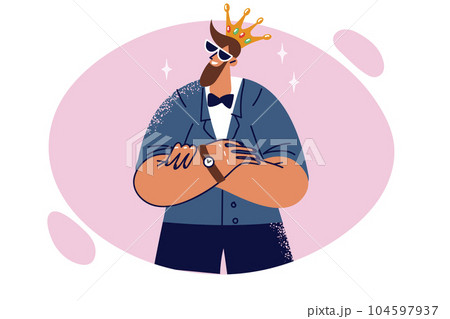 Successful man boss in crown stands with arms crossed demonstrating confidence and ambition Successful man boss in crown stands with arms crossed demonstrating confidence and ambition 104597937