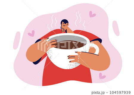 Sleepy man with cup of coffee inhales aroma invigorating beverage, drink large portion of espresso Sleepy man with cup of coffee inhales aroma invigorating beverage, drink large portion of espresso 104597939