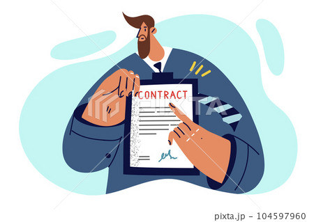 Businessman holds contract urging employees or partners to comply with terms of agreements Businessman holds contract urging employees or partners to comply with terms of agreements 104597960