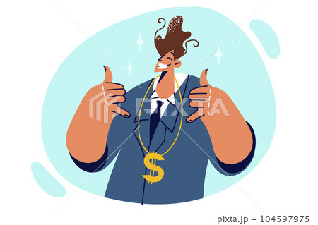Confident business man with dollar shaped necklace is proud of status and makes shaka gestures 104597975