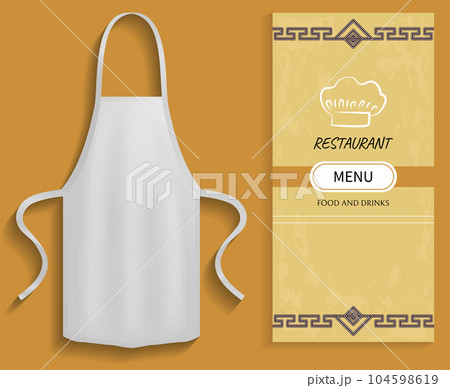 Clothing for cooking in kitchen near restaurant menu. Apron next to list of food and drinks 104598619