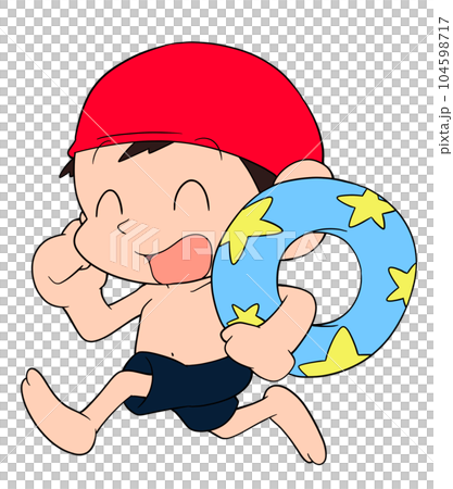 A boy in a swimsuit running with a float A boy in a swimsuit running with a float 104598717