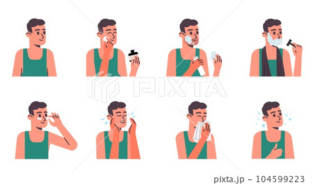 Male facial care. Beauty cosmetic procedures. Shaving and washing shaved smooth face. Skin moisturizing or nutrition. Cream or foam applying. Guy portrait. Man skincare routine vector set 104599223