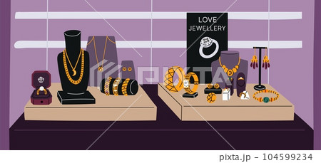 Jewelry store showcase. Luxury shop. Precious metals and stones. Engagement rings. Gold earrings or bracelets. Jewel pendants with diamonds. Golden wristwatch. Garish vector concept 104599234