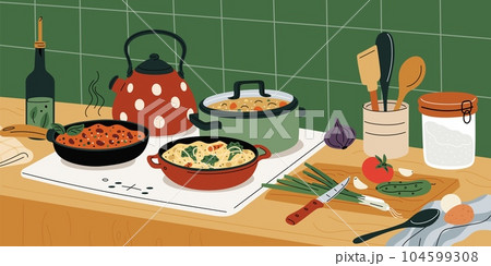 Cooking food in kitchen interior. Pot and pan on stove. Dinner preparation on hob. Slicing vegetables on cutting board. Saucepan with pasta. Products on counter. Garish vector concept 104599308