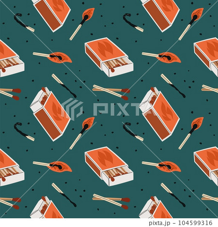 Cartoon matchsticks seamless pattern. Open matchboxes with labels. Burning and charred sticks. Repeated print. Fading straw. Match sulphur head. Cardboard box. Garish vector background 104599316