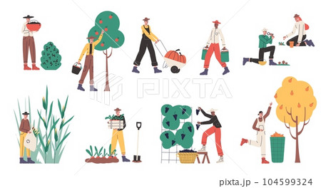 Cartoon harvesting farmers. People with baskets and buckets collecting natural crop. Persons pluck fruits and pick vegetables. Agricultural workers in overalls. Vector gardeners set Cartoon harvesting farmers. People with baskets and buckets collecting natural crop. Persons pluck fruits and pick vegetables. Agricultural workers in overalls. Vector gardeners set 104599324