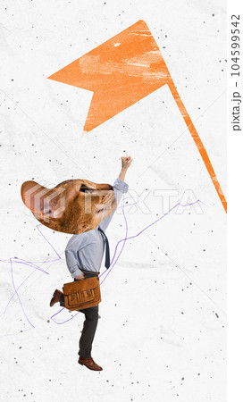Contemporary art collage. Motivated employee with cat muzzle reaching professional success and promotion 104599542