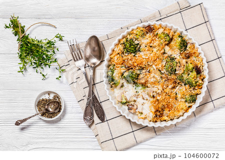 tasty Chicken Broccoli mushroom Casserole on dish 104600072