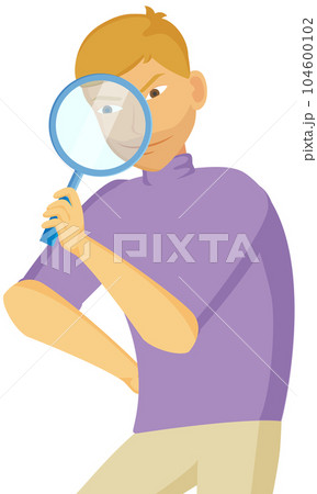 Gesture that boys see magnifying glass. Cunning guy holding loupe, planned something amiss Gesture that boys see magnifying glass. Cunning guy holding loupe, planned something amiss 104600102