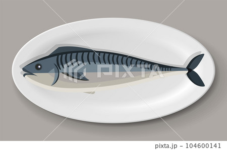Baked mackerel dish on plate. Crucian carp for restaurant, dishware with food vector illustration Baked mackerel dish on plate. Crucian carp for restaurant, dishware with food vector illustration 104600141
