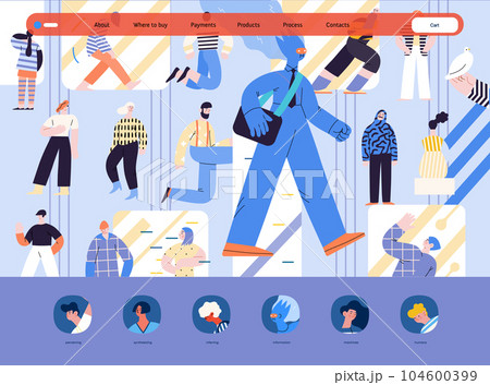 Artificial intelligence, AI and humanity -modern flat vector concept illustration of AI character walking among people in everyday life. Metaphor of AI advantage, benefit, friendliness concept 104600399