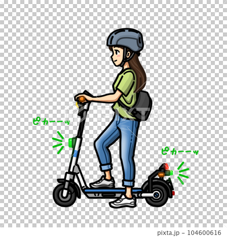 Illustration of a woman riding a specific moped (maximum speed 20km/h) electric kickboard (stopped) Illustration of a woman riding a specific moped (maximum speed 20km/h) electric kickboard (stopped) 104600616