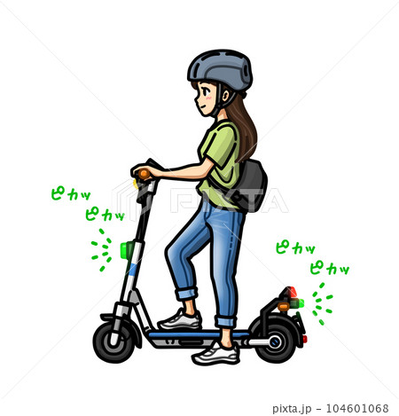 特例特定原付（最高速度6km/h）の電動キックボードに乗る女性のイラスト（停止状態） 104601068