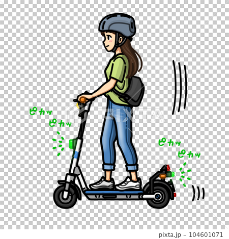 Illustration material of a woman running on an electric kickboard with a special special moped (maximum speed 6 km / h) 104601071