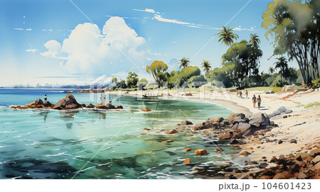 夏の離島の海岸風景：水彩画