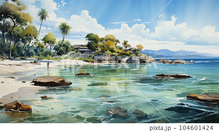 夏の離島の海岸風景：水彩画
